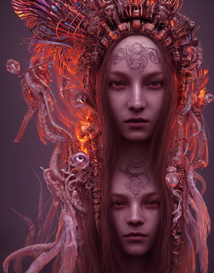Prompt: demon goddess close-up portrait tribal beautiful slavic russian monk in hooded princess queen, ancient high tech, cyberpunk, dystopian, jellyfish phoenix dragon, butterfly squid, burning halo, intricate artwork by Tooth Wu and wlop and beeple, greg rutkowski and artgerm and alphonse mucha, cinematic, hyper realism, high detail, octane render, unreal engine, 8k, Vibrant colors, Smooth gradients, High contrast, depth of field, aperture f1.2