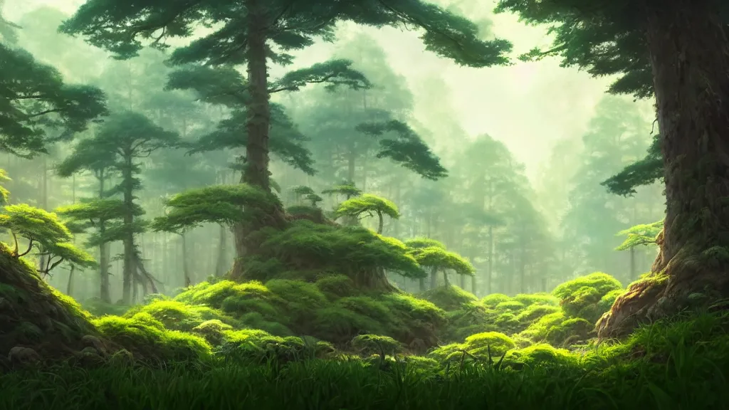 Image similar to forest clearing landscape, studio ghibli, pixar and disney animation, sharp, rendered in unreal engine 5, highly detailed, digital painting, artstation, concept art, smooth, sharp focus, illustration, wide angle, artbook, wallpaper, splash art, promo art, dramatic lighting, art by artgerm and greg rutkowski and bo chen and jin xiaodi