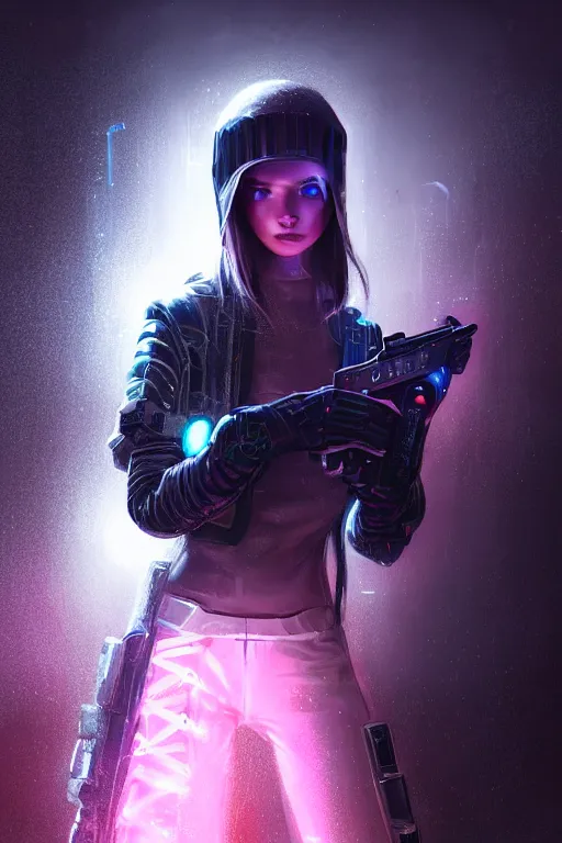 Image similar to portrait futuristic trustworthy cyberpunk young female Gunslinger, in futuristic stormy heavy snowy tokyo rooftop cyberpunk night, ssci-fi, fantasy, intricate, very very beautiful, elegant, neon light, highly detailed, digital painting, concept art, human anatomy, soft light, hdri, smooth, sharp focus, illustration, art by tian zi and craig mullins and WLOP and alphonse mucha