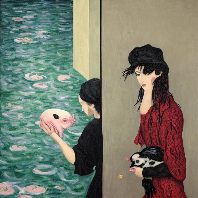 Image similar to tall female emo artist holding a pig in her flooded bathroom, water gushing from ceiling, painting of flood waters inside an artist's bathroom, a river flooding indoors, pomegranates, pigs, ikebana, zen, water, octopus, river, rapids, waterfall, black swans, canoe, berries, acrylic on canvas, surrealist, by magritte and monet