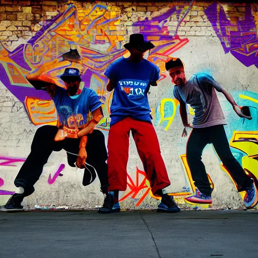 Prompt: four breakdancers battling in the bronx in 1984, by Andy Warhol, gritty, energetic, hyperrealistic, intricate graffiti, Moody lightning, trending on artstation