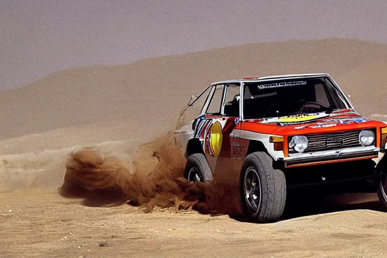 Prompt: designed by giorgetto giugiaro a single 1 9 6 7 dakar prepped land cruiser testarossa, race footage, speed