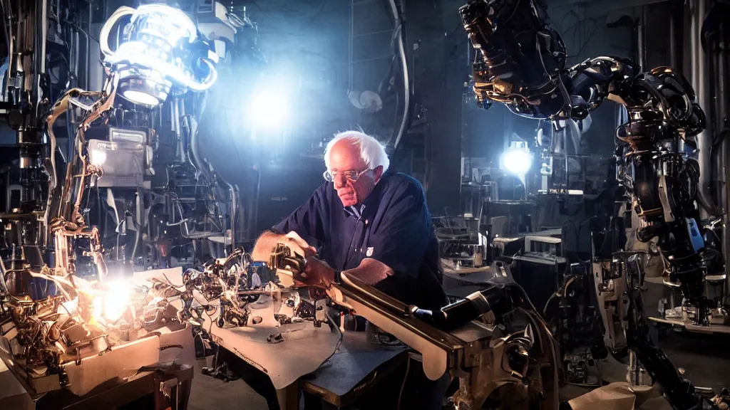 Image similar to bernie sanders putting the finishing touches on a complex magical clockwork doomsday robot, cinematic moody lighting, sharp focus, imax