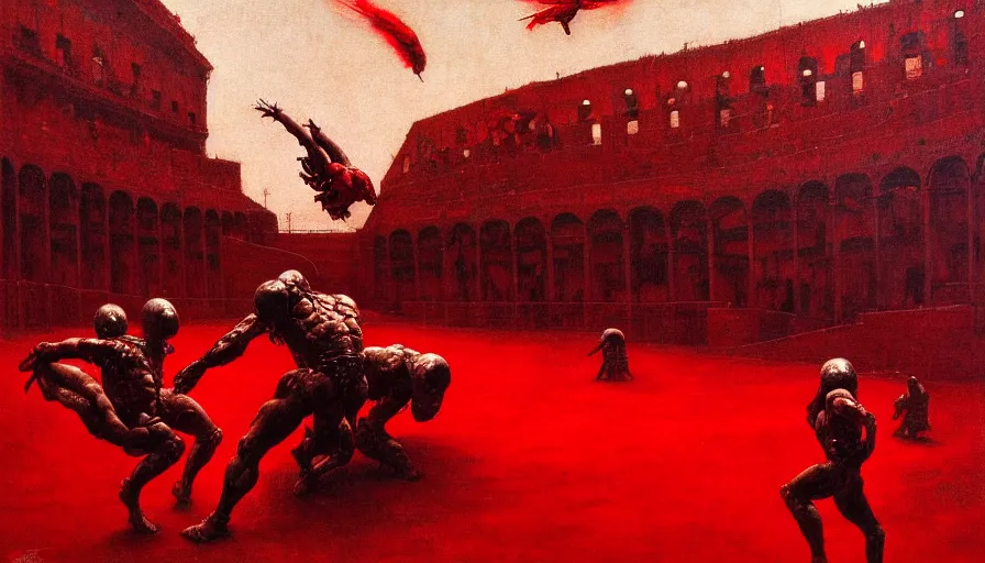 Image similar to only with red, a lightly armored gladiator in a crowded roman amphitheatre, crowd cheering, in the style of beksinski and edward hopper and rodcenko and yue minjun and artgerm, intricate and epic composition, red by caravaggio, highly detailed, masterpiece, red light, artstation, art nouveau