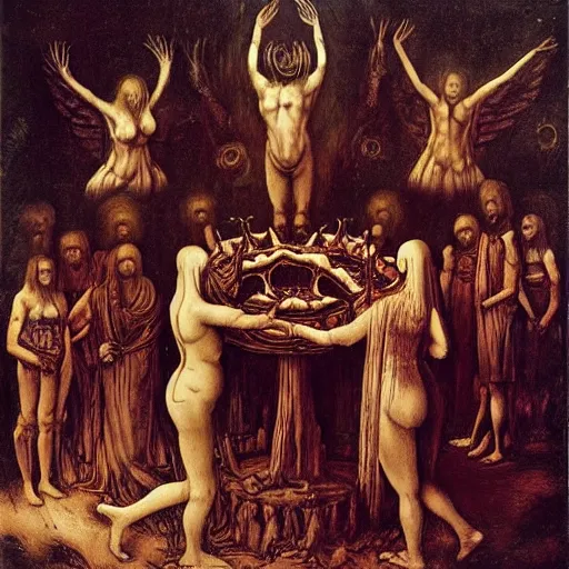 Prompt: Members of a cult gather and summon a Blood Moom, surreal, dark, detailed, intricate, made by Leonardo Da Vinci and H R Giger