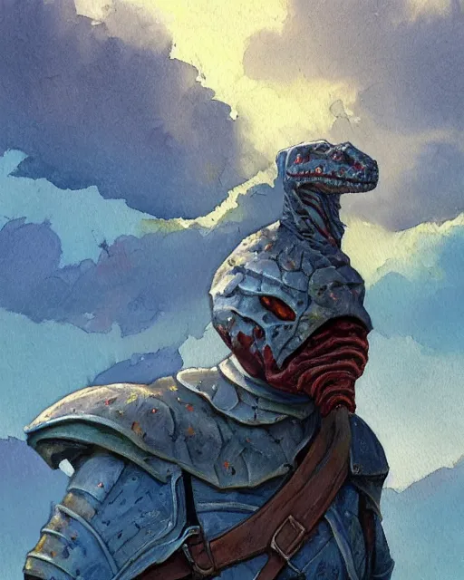 Image similar to a oil / watercolor painting full body character portrait of a humanoid dinosaur village knight / guard in the style of moebius in the style of leonard boyarsky trending on artstation deviantart pinterest detailed photorealistic highlights and shadow hd 8 k post - processing high resolution