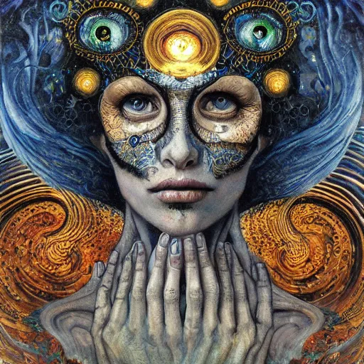 Prompt: Memento Mori by Karol Bak, Jean Deville, Gustav Klimt, and Vincent Van Gogh, beautiful visionary mystical portrait, calavera, otherworldly, fractal structures, ornate gilded medieval icon, third eye, spirals, calavera