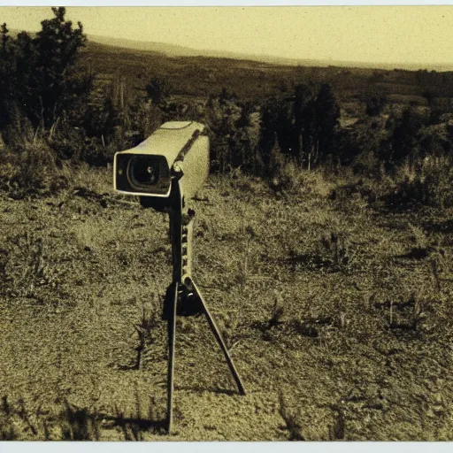 Image similar to old polaroid depicting a martian tripod walker from war of the worlds, at a clearing, in the distance