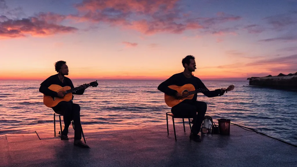 Image similar to a movie still of a man playing guitar on the roof of a car driving through the ocean at sunset, golden hour