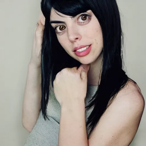 Prompt: a girl with long black hair and a side part, her face is a mix between aubrey plaza, krysten ritter and lucy hale