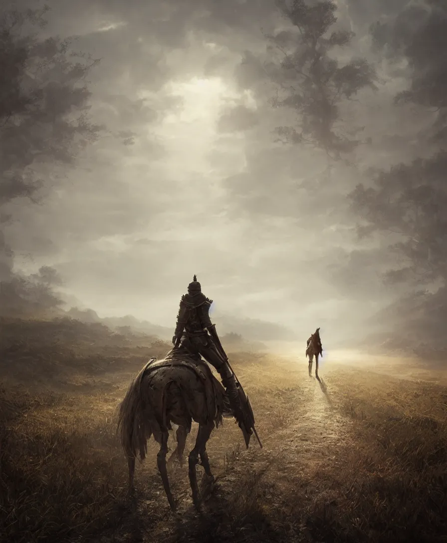 Image similar to hyper realistic lonely knight walking on a long dirt road, wide angle, illustrated by greg rutkowski, beautiful volumetric lighting, intricate, ultra detailed, photorealistic, trending on artstation, octane render, 8 k