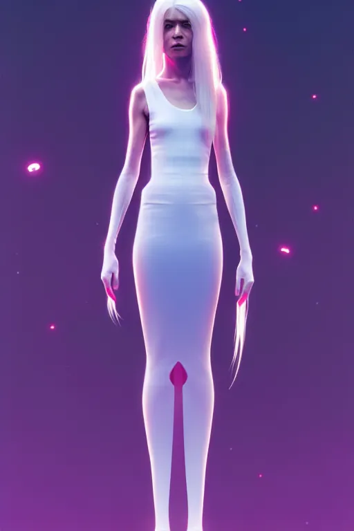 Image similar to upright and straight women, scifi, futuristic design, full body model, long white hair, character design, cinematic lighting, highly detailed, by beeple, goro fujita, smooth gradient.