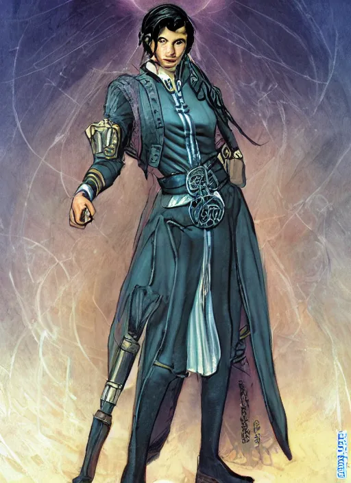 Image similar to a mastigos mage in modern clothing ( a mastigos is a mage specializing in the arcana of mind and space ) from the modern supernatural arcane thriller ttrpg'mage : the awakening ', 8 k, character concept reference art, by david mattingly and michael william kaluta and steve prescott and alex ross.