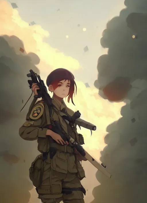 Prompt: portrait of cute soldier girl, smoky sky background urban landscape illustration concept art anime key visual trending pixiv fanbox by wlop and greg rutkowski and makoto shinkai and studio ghibli and kyoto animation soldier clothing military gear