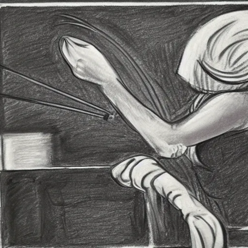Image similar to charcoal action - drawing of a woman cooking, chopping vegetables, dramatic