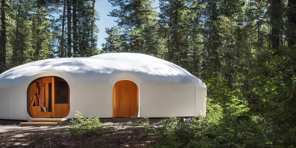 Image similar to large futuristic yurt, many windows, concrete and steel, by george suyama architect