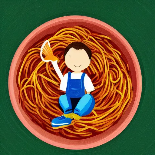 Image similar to A tiny man sitting in a bowl of spaghetti, digital art