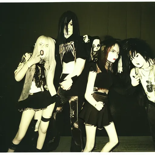 Image similar to jerry schatzberg photo of an anime metal band, direct flash photography at night, film grain