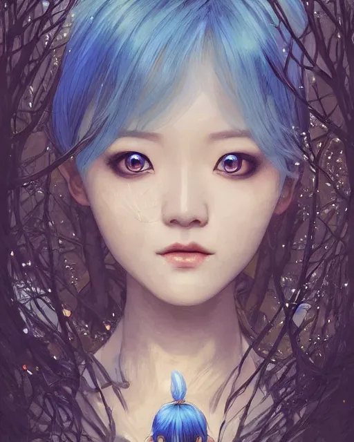 Image similar to symmetrical portrait of a pretty korean girl with blue hair dressed as alice in wonderland, beautiful sparkling blue eyes, dark forest background, moonlight, digital painting, 8 k, concept art, art by wlop, artgerm, greg rutkowski and alphonse mucha