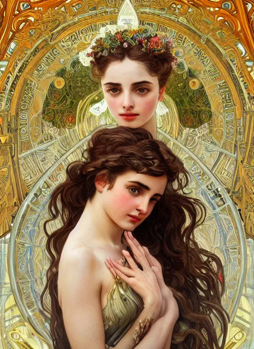 Image similar to Ana de Armas as God of Beauty, cute, fantasy, intricate, elegant, highly detailed, digital painting, 4k, HDR, concept art, smooth, sharp focus, illustration, art by alphonse mucha,artgerm, H R Giger