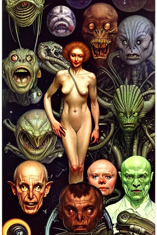 Image similar to hyper realistic aliens by norman rockwell, hr giger, john sargent, mucha