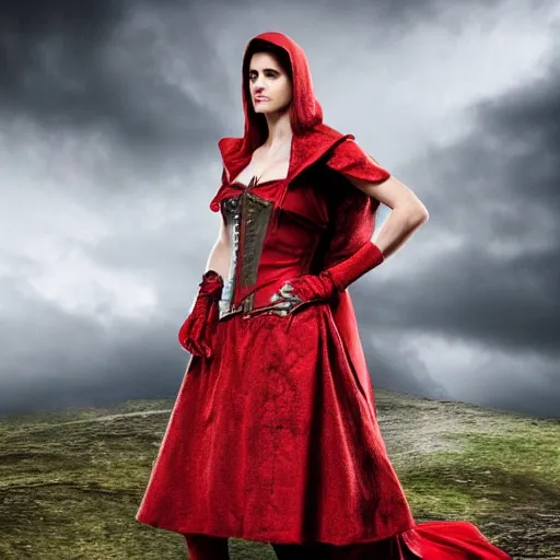 Prompt: full body photo red riding hood alexandra daddario armoured warrior, highly detailed, 4k, HDR, award-winning photo