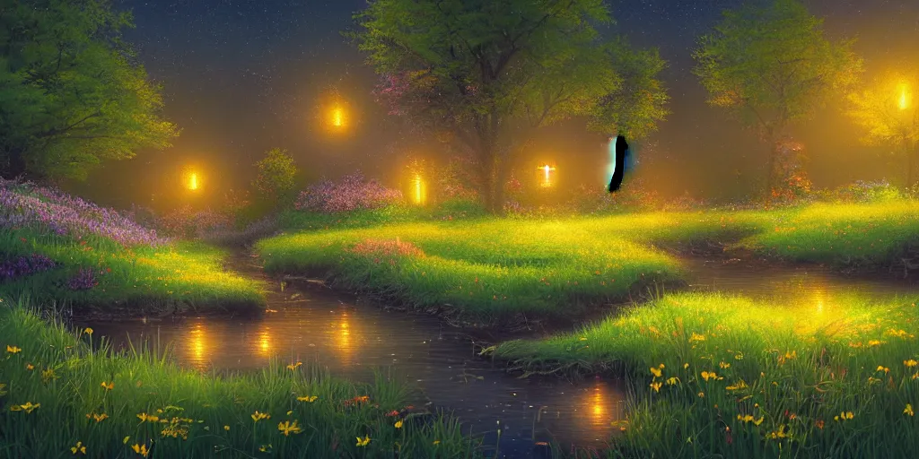 Prompt: fireflies around water inspired by Evgeny Lushpin,flower meadow,spring,cinematic,trending on ArtStation