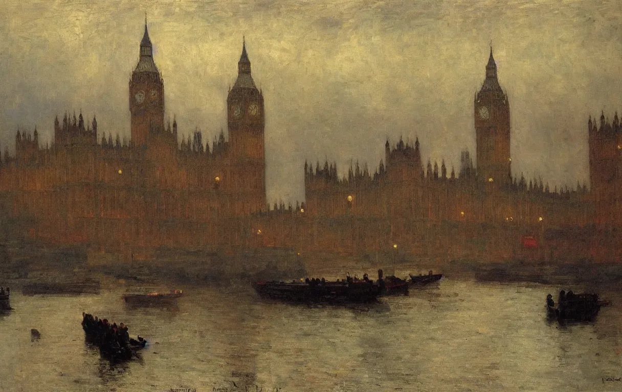 Prompt: the houses of parliament, 1915, gloomy weather highly detailed oil on canvas, by Ilya Repin