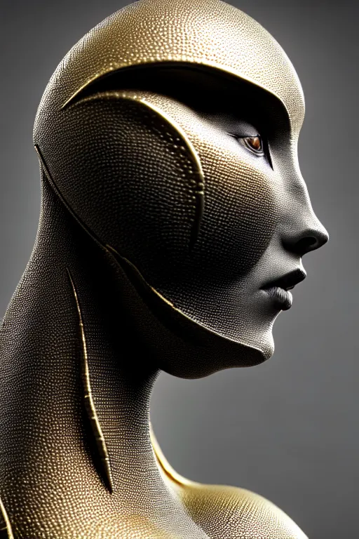 Image similar to bw close - up profile face, black background, beautiful young porcelain vegetal - dragon - cyborg - female, 1 5 0 mm, beautiful natural soft rim light, silver gold details, magnolia leaves and stems, roots, mandelbot fractal, elegant, ultra detailed, white metallic armour, octane render, h. r. giger style