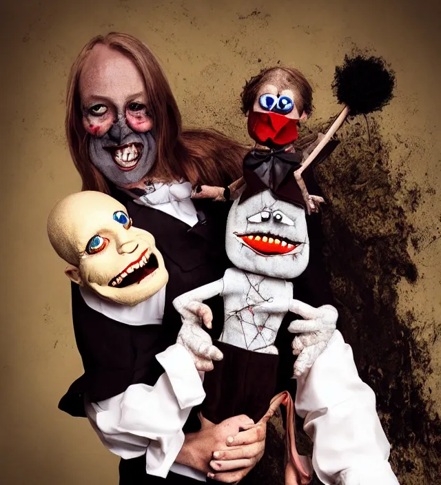 Prompt: hyper realistic photography of lunatic ventriloquist with haunted puppet