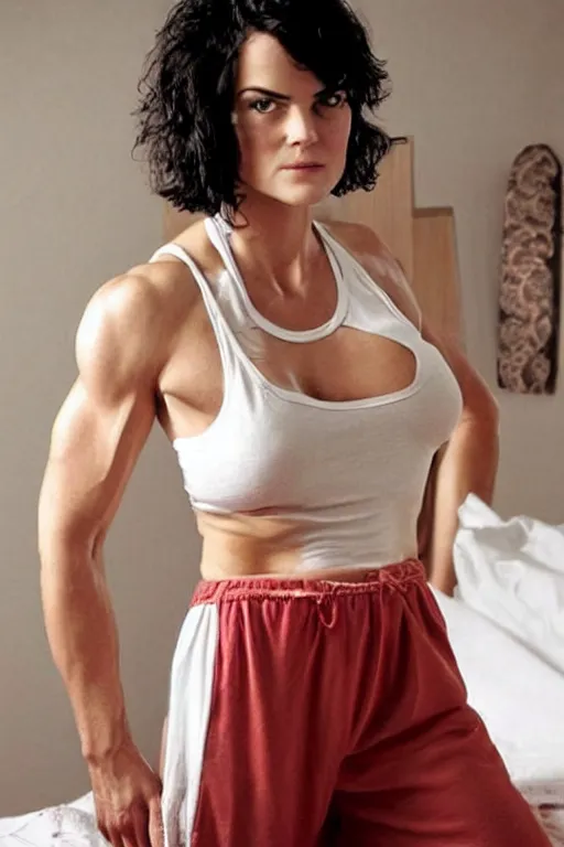 Prompt: realistic photograph. warrior woman, 2 7, in her bedclothes. tight white tanktop shows strong feminine figure. loose comfortable red pajama pants. jaimie alexander. delicate jawline. short hair, straight, ravenblack. faircomplected but tan. tall gracile, but thick ripped jacked vascular buff muscular arms and large ample bust.