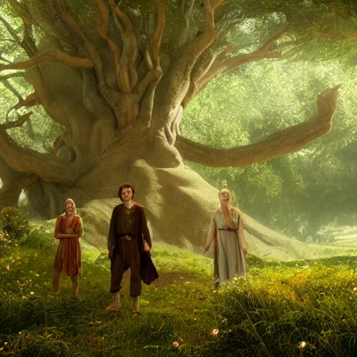 Prompt: frodo & sam & yavanna under tree in valinor lord of the rings, movie still, 4 k, octane render