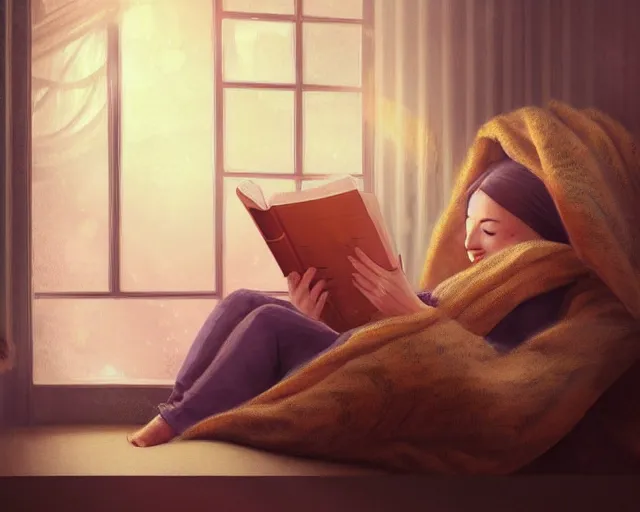 Image similar to a realistic beautiful warm matte painting of a woman curled up with a blanket reading a good book next to her friendly cat who is purring with eyes closed. they are both sitting next to a window as the sun sets in winter, by ross tran, trending on artstation, concept art, lofi, digital illustration