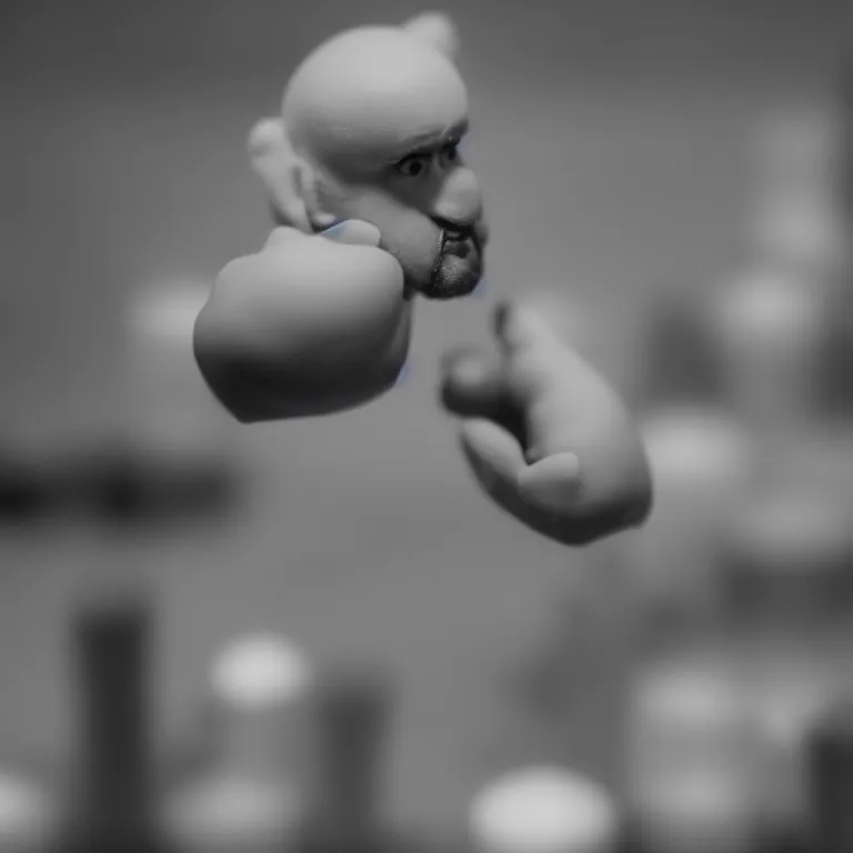 Image similar to a cinematic film still of a claymation stop motion film starring tom segura, shallow depth of field, 8 0 mm, f 1. 8