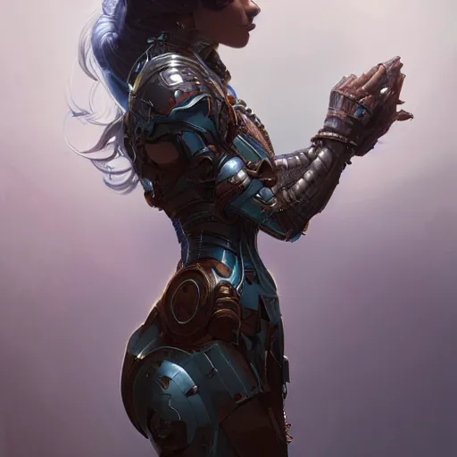 Image similar to side view of a cyborg woman, D&D, fantasy, intricate, elegant, highly detailed, digital painting, artstation, concept art, matte, sharp focus, illustration, hearthstone, art by Artgerm and Greg Rutkowski and Alphonse Mucha