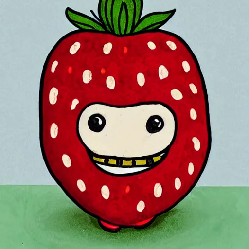 Prompt: a cute strawberry with two front teeth, holding a yellow toothbrush, in the style of roz chast