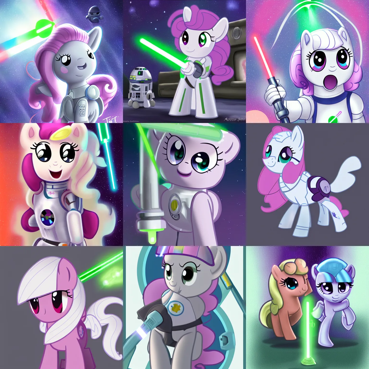 Prompt: sweetie belle in star wars : episode iv - a new hope as a kedi knight with a green lightsaber | trending on artstation, derpibooru, my little pony : friendship is magic in star wars