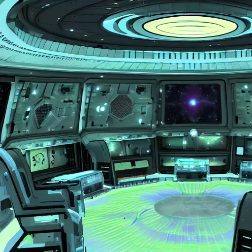 Prompt: inside of the deck of the federation spaceship dakota where the crew is preparing for combat maneuvers against a romulan spaceship, star trek universe, rendered in 3d anime graphics