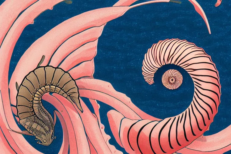 Image similar to ukiyoe painting of in a cambrian era ocean swims a nautilus above pink sand, trending on artstation