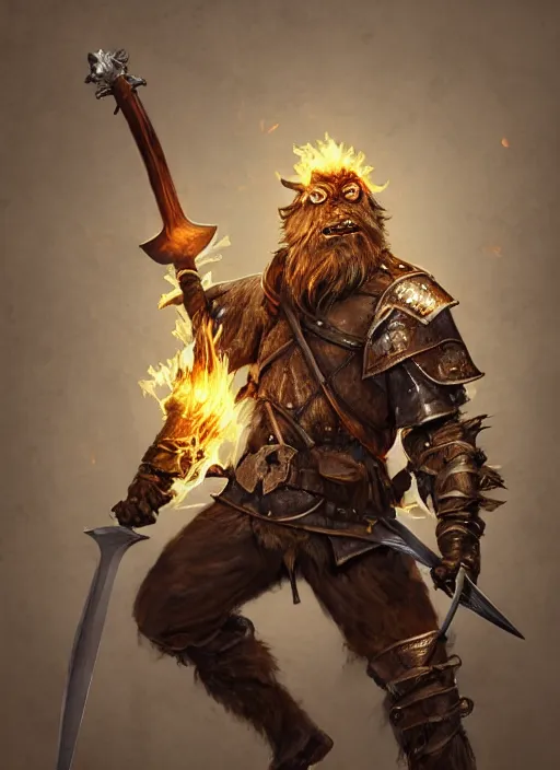 Image similar to photorealistic bugbear ranger holding sword on fire, magic, black beard, dungeons and dragons, pathfinder, roleplaying game art, hunters gear, jeweled ornate leather and steel armour, concept art, character design on white background, by sargent, norman rockwell, makoto shinkai, kim jung giu, artstation trending, poster art, colours red