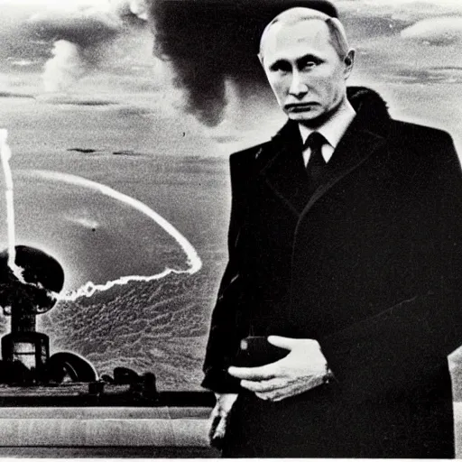 Image similar to Vladimir putin looking at an atomic bomb. polaroid. bleak.