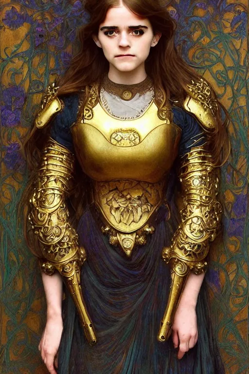 Prompt: a full body art nouveau portrait of a 16-year old girl who resembles Emma Watson, Saoirse Ronan and Anya Taylor Joy, ornate intricate golden battle armor, intricate, elegant, highly detailed, digital painting, artstation, concept art, smooth, sharp focus, illustration, art by John William Waterhouse and greg rutkowski and Donato Giancola and alphonse mucha