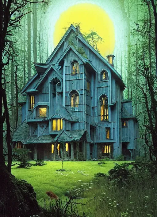 Image similar to hyper realistic witchy modern gothic house with mood lighting and tech in the woods gorgeous lighting, sunbeams blue sky, highly detailed, lush forest foliage painting by zdzisław beksinski and norman rockwell and greg rutkowski weta studio, and lucasfilm