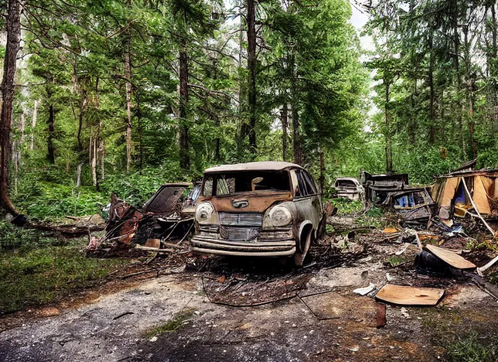 Image similar to an overgrown street corner, derelict vehicles taken by the vegetation, a camp fire sits in the forest ground with trees framing the shot,