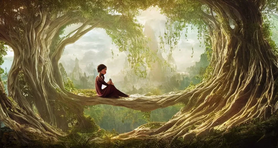 Prompt: An incredibly beautiful shot from a 2022 fantasy film featuring a character sitting in a cozy art nouveau reading nook inside a fantasy treehouse. A fantasy forest city is seen through a window. 8K UHD.