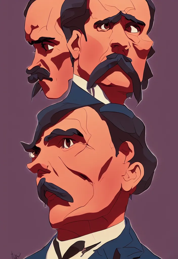 Prompt: Friedrich Nietzsche with a chiseled Jawline and serious Look in his Suit, in the Style of Artgerm and Mike Mignola and Atey Ghailan, rimlight, vibrant colors, hard shadows, Comic Cover Art, trending on artstation