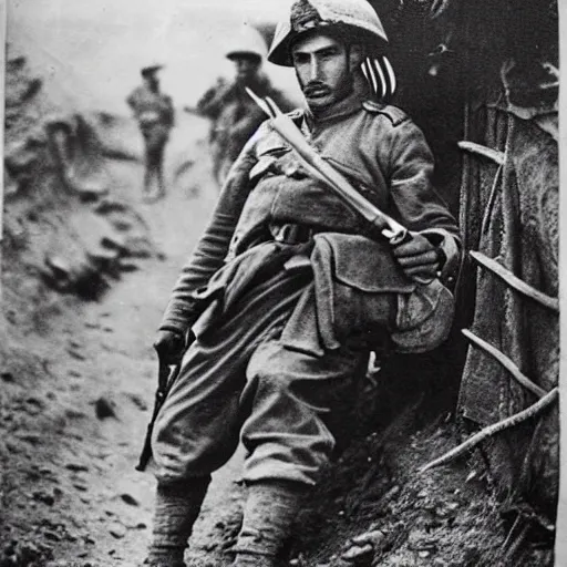 Prompt: Kurdish soldier, ww1 trench, war photo, award winning photo, incredibly detailed