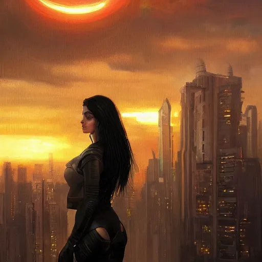 Prompt: portrait of a young beautiful cyberpunk woman, eye implants, black hair, sunset, neuromancer, cyberpunk city background, megacity, gorgeous view, depth, painted by seb mckinnon, high detail, digital art, painted by greg rutkowski, trending on artstation