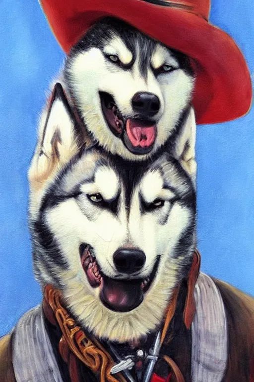 Prompt: a portrait painting of a husky in cowboy costume in the style of anime, a fistful of dollars, per un pugno di dollari, humanoid, personify, anthropomorphic