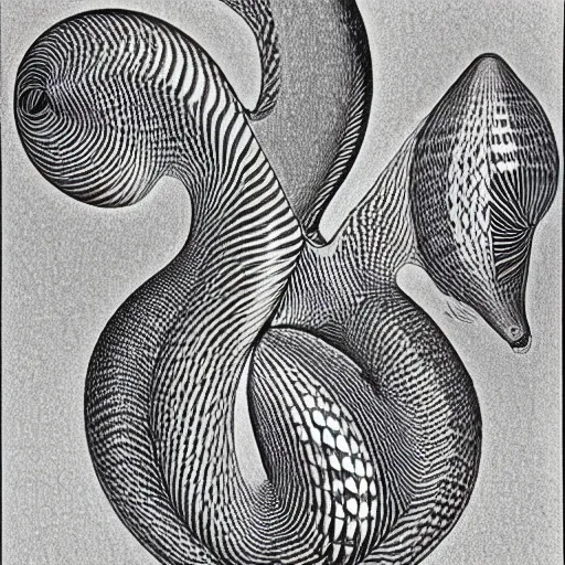 Prompt: black and white lithograph by m. c. escher of lizards inside a klein bottle